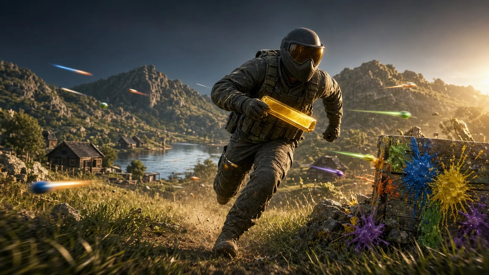 Key art: stylized paintball fighters on a colorful island with glowing gold