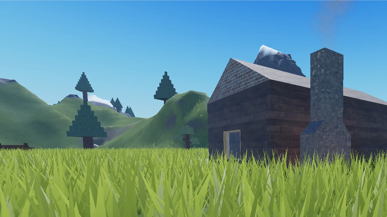 A wooden cabin base in tall grass with evergreen trees and mountains behind it