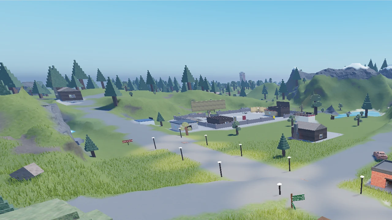 Hillside paths, cabins, and a walled compound on the Paintball Fight island